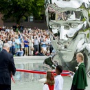 29. juli: Kong Harald er til stede ved markeringen av Sarpsborg bys 1000-årsjubileum. Foto: Vegard Wivestad Grøtt / NTB scanpix